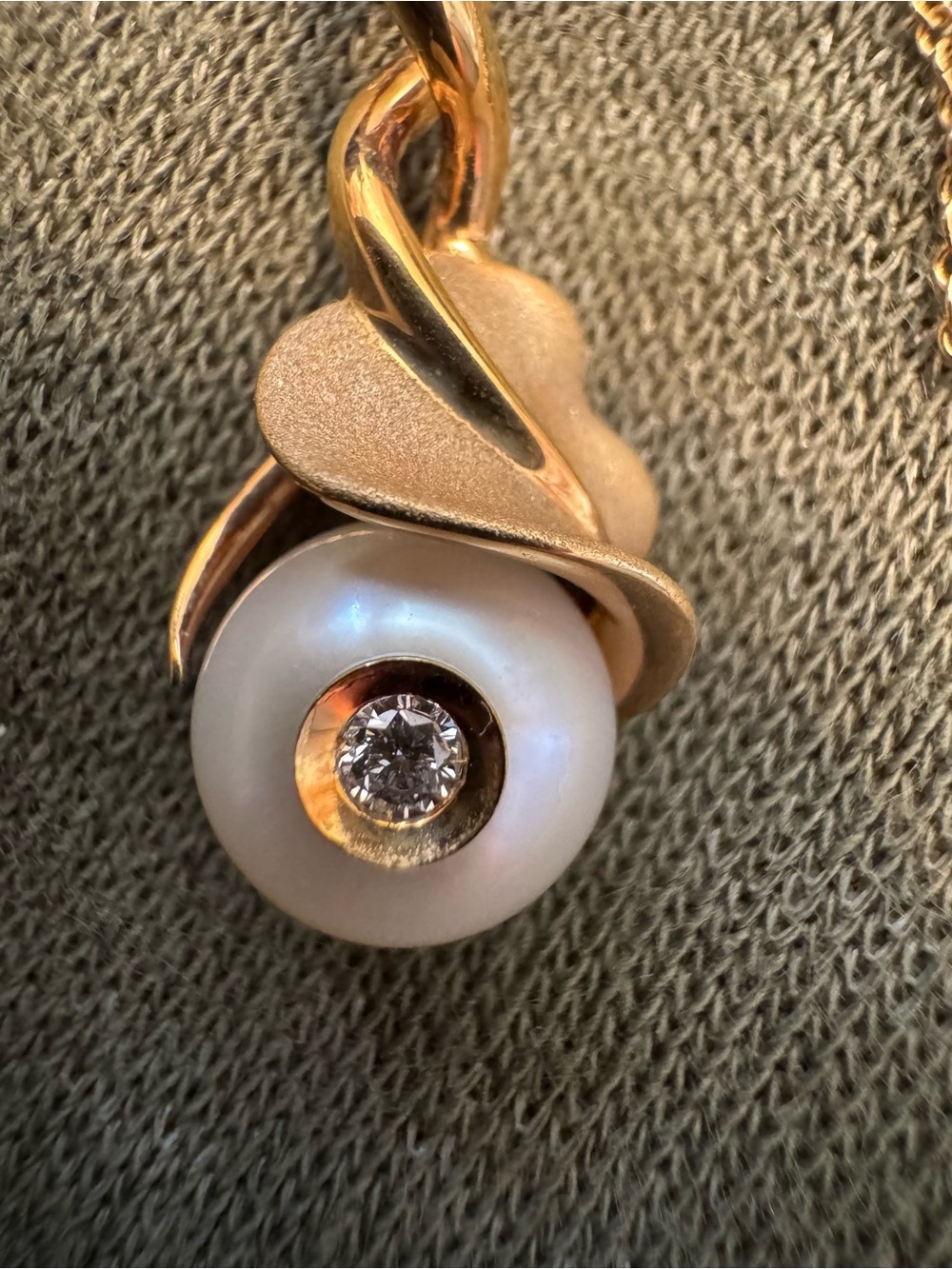 14k Gold Pearl Pendant by Galatea with Central Diamond Accent